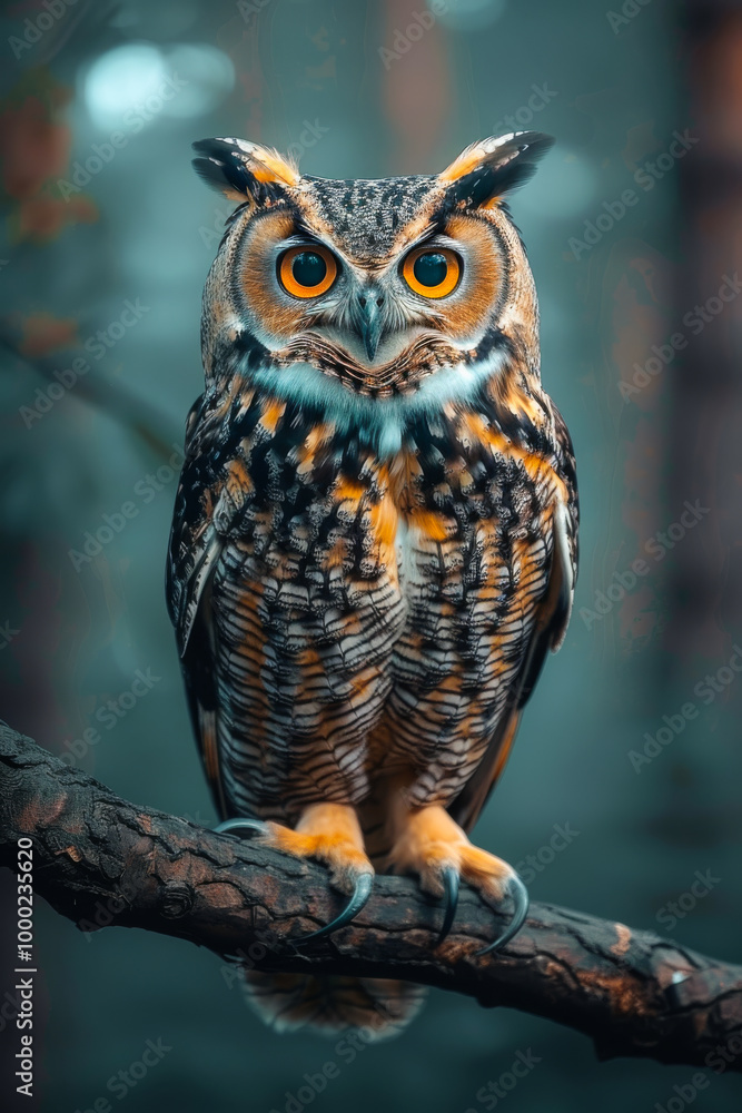 Poster a large owl is perched on a tree branch, looking directly at the camera. the image has a serene and 