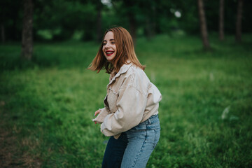 Obraz premium A smiling young woman in casual clothing having fun outdoors in a lush green park. Her joyful expression captures the essence of carefree moments in nature.