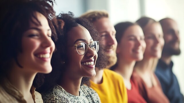  Diverse and inclusive group of office colleagues smiling at a team building workshop event, workplace race inclusion and diversity concept 