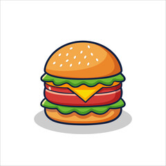 Classic Cartoon Cheeseburger with Lettuce and Tomato Fast Food Vector Illustration