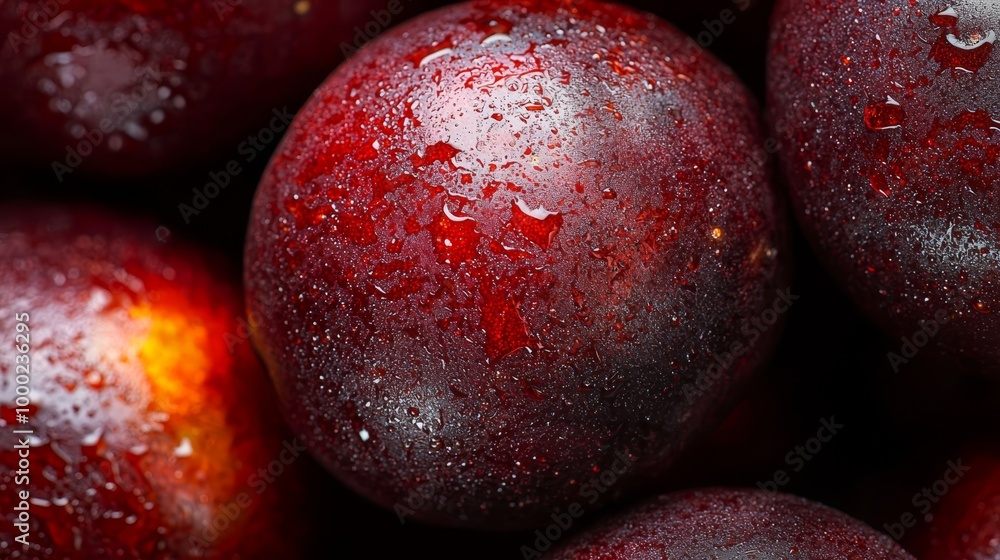 Sticker  A tight shot of juicy plums, adorned with dewdrops at their peaks and bases