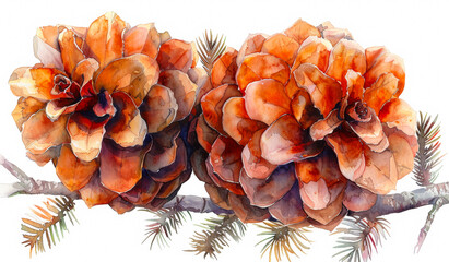 Fototapeta premium Two orange pine cones are painted on a white background. The pine cones are in the foreground and the background is a tree branch. The painting has a warm and cozy feeling