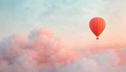 Naklejka premium hot air balloon ascending above clouds creates serene and breathtaking scene. vibrant red balloon contrasts beautifully with soft pastel clouds, evoking sense of adventure and tranquility