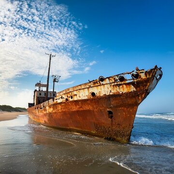 abandoned ship, rusted and shored, AI generated