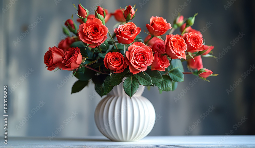 Poster a vase filled with red roses sits on a table. the roses are arranged in a way that they are all faci