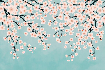 Cherry blossom branches in full bloom against soft turquoise background