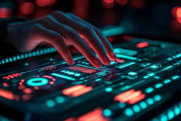 Naklejka premium A hand interacting with futuristic digital interface, showcasing vibrant neon colors and intricate designs. scene conveys sense of innovation and technology