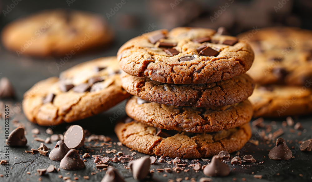 Poster a stack of chocolate chip cookies with chocolate chips on the ground. the cookies are piled on top o