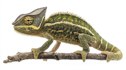 Obraz premium side view of a veiled chameleon, Chamaeleo calyptratus, isolated on white