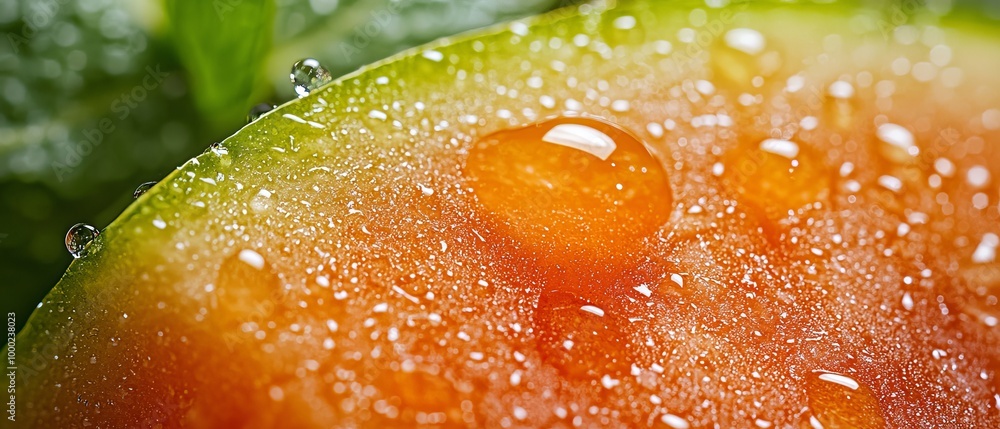 Wall mural  A tight shot of a watermelon slice, adorned with pearls of water and a vibrant green leaf as its backdrop