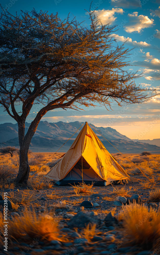Poster a yellow tent is set up in a desert. the tent is surrounded by a dry grass field and a tree. the sky