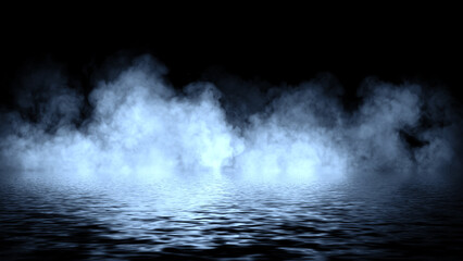 Mystery blue coastal fog . Smoke on the shore . Reflection in water. Texture overlays background. Stock illustration. Design element.