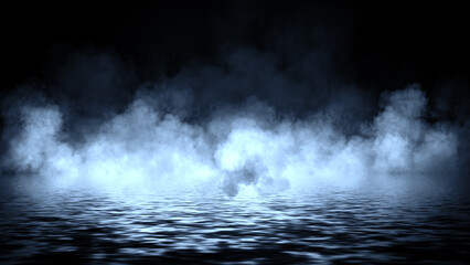 Mystery blue coastal fog . Smoke on the shore . Reflection in water. Texture overlays background. Stock illustration. Design element.