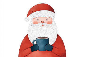 Festive Santa Claus holding a cup of hot cocoa on a white background