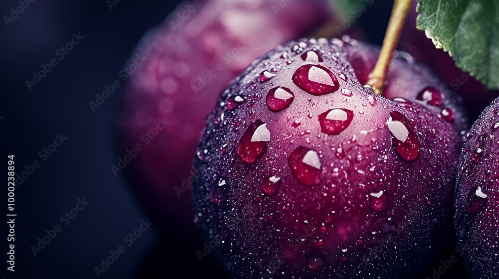 Poster  A tight shot of numerous plums, their surfaces dotted with dewdrops, and a lush green leaf nearby