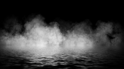 Mystery coastal fog . Smoke on the shore . Reflection in water. Texture overlays background. Stock illustration. Design element.