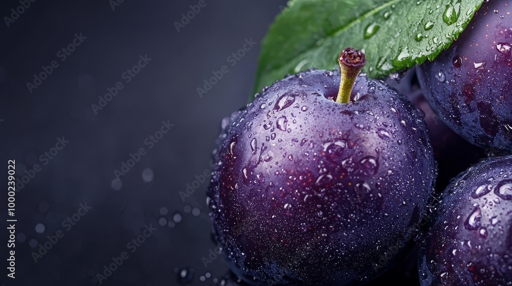 Wall mural  A collection of plums resting on a table, with water beads forming at their surfaces