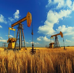 Oil pump jacks operate across a vast field under a bright blue sky in high-definition clarity showcasing land-based oil extraction