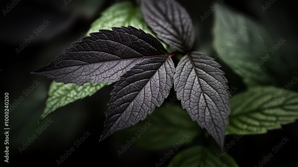 Wall mural  A tight shot of a green leaf against a dark backdrop, featuring verdant foliage in the foreground