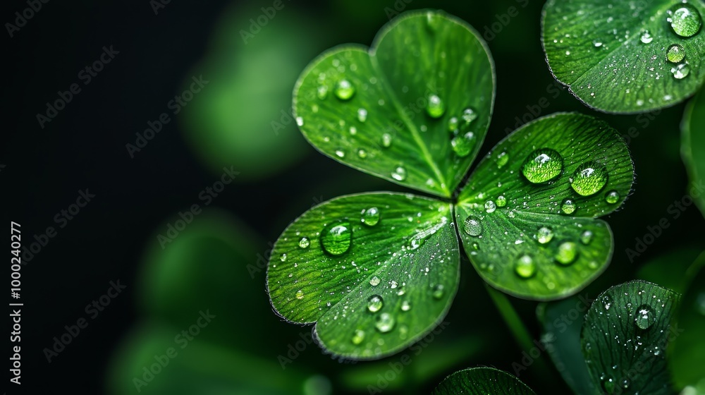 Sticker  A four-leaf clover, closely framed, adorned with water droplets on its leaves against a black backdrop