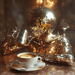 Disco Ball Head Guy Brewing V60 Coffee in Pop Art Style