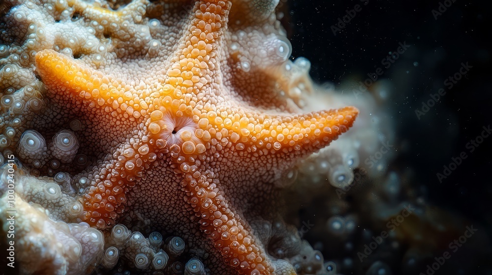 Sticker a tight shot of a starfish with bubbles adorning its body, accompanied by a starfish in the backdrop