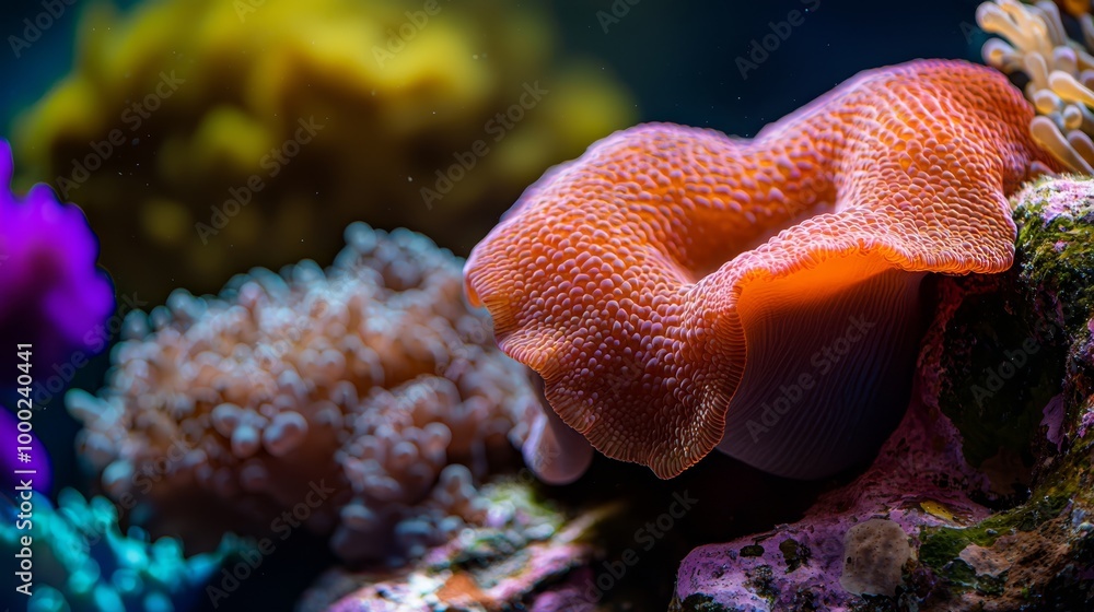 Poster  A close-up of a solitary sea anemone on a coral, surrounded by other anemones in the background