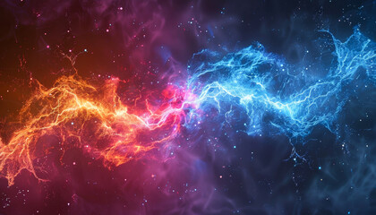 A colorful, swirling galaxy with two bright blue and red streaks. The colors are vibrant and the image has a sense of movement and energy