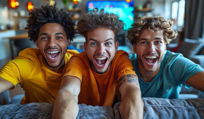 Fototapeta premium Three men are smiling and posing for a picture. They are wearing orange and blue shirts. Scene is happy and lighthearted