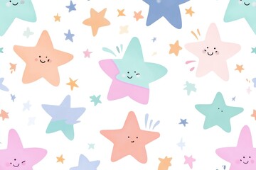 Cute stars, pastel rainbow colors, simple shapes, illustration, seamless pattern on a white background.