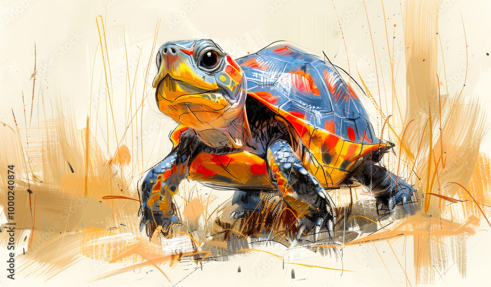 Poster a turtle is walking on the ground. the turtle is small and colorful