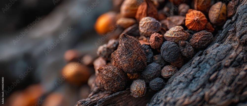 Poster  A tree trunk holds two piles of nuts