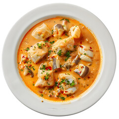 Delicious seafood stew with fish pieces and fragrant herbs, presented in a white bowl against a clear backdrop