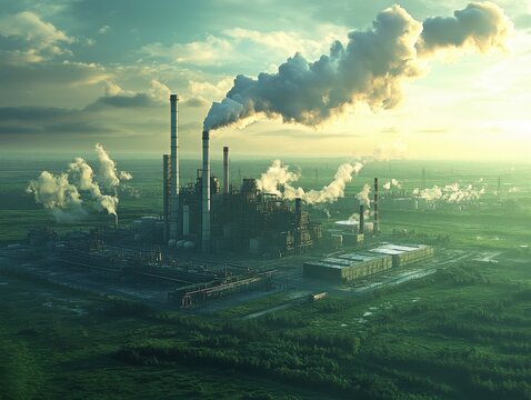 Aerial view of a vibrant industrial power plant with tall towers and smokestacks, showcasing heat energy production amidst lush green fields