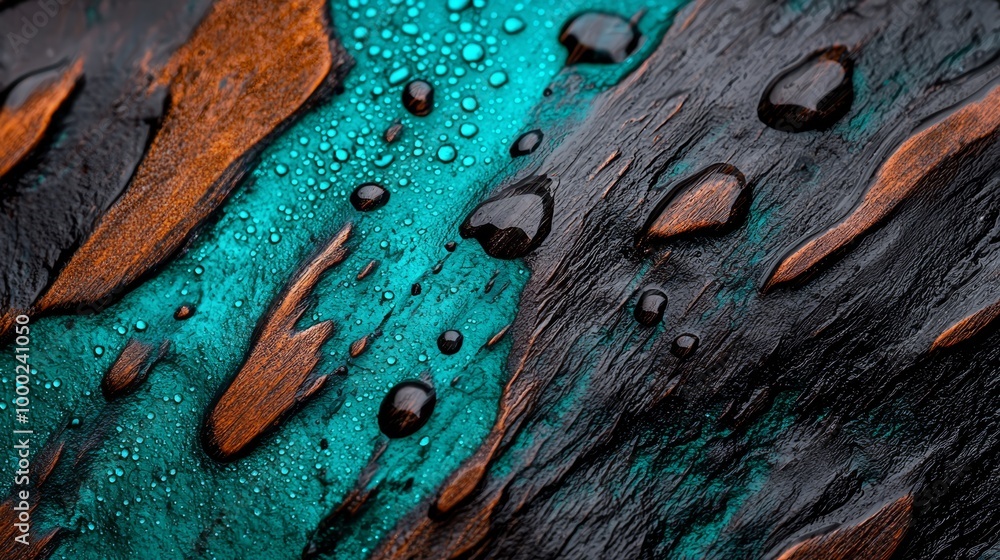 Sticker  A tight shot of water droplets on weathered wood, displaying a green and brown textured pattern atop