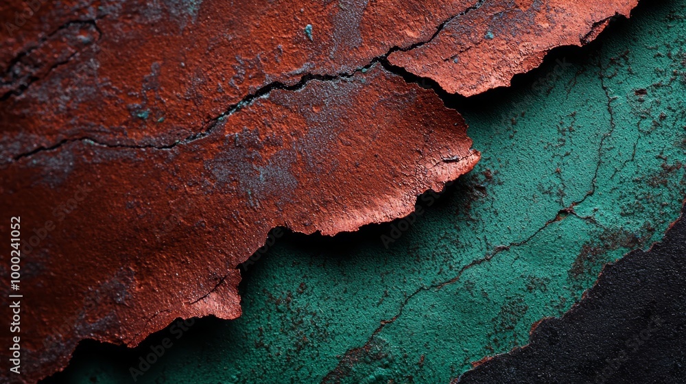 Sticker  A tight shot of green, red, and black paint on weathered wood with flaking paint