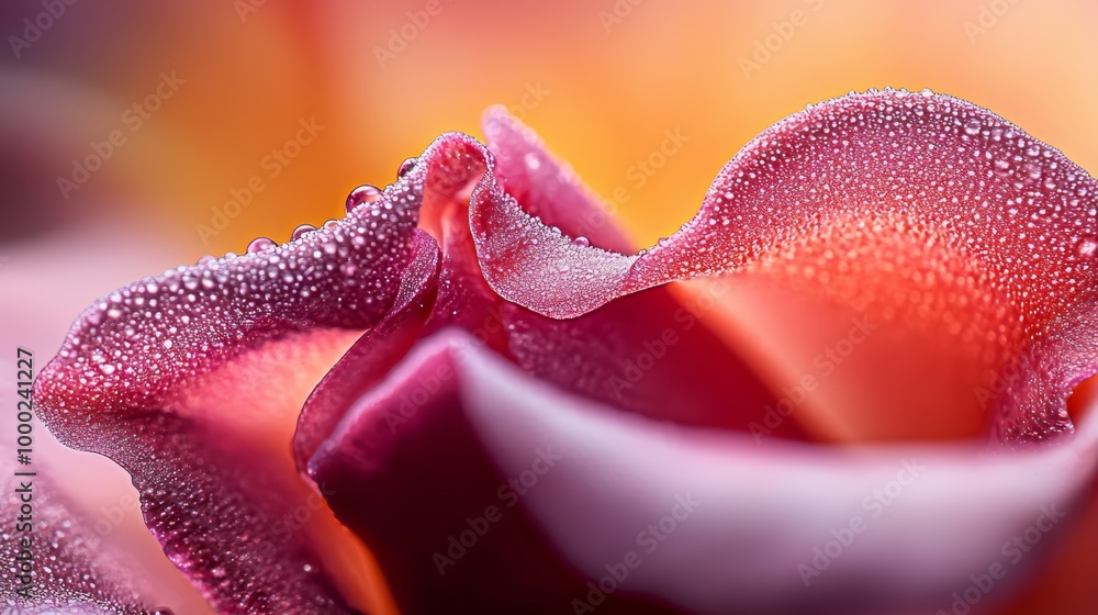 Poster  A pink flower in close-up, adorned with water droplets on its petals against a background of pink and yellow