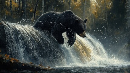 illustration of a bear hunting fish in the river