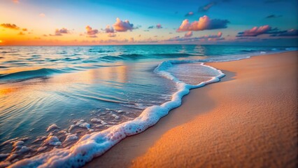 Obraz premium Beautiful Tropical Beach with Golden Sand and Crystal Clear Ocean Water, A Serene Coastal Paradise Perfect for Digital Graphic Design Projects and Backgrounds