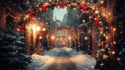 Snowy alley with festive arches and red bows, magical Christmas night