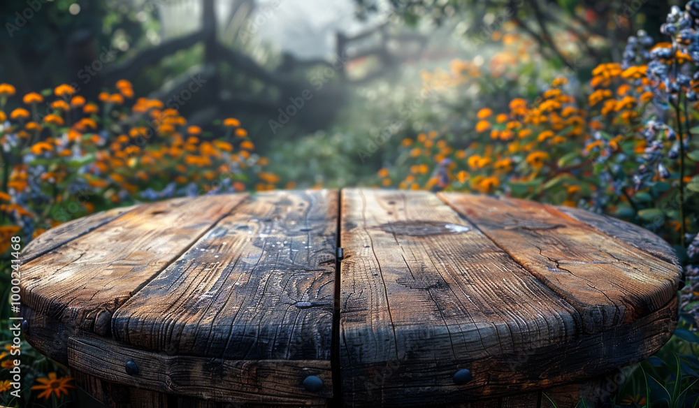 Poster a wooden table with a view of a field of flowers. the table is round and has a rustic appearance. th