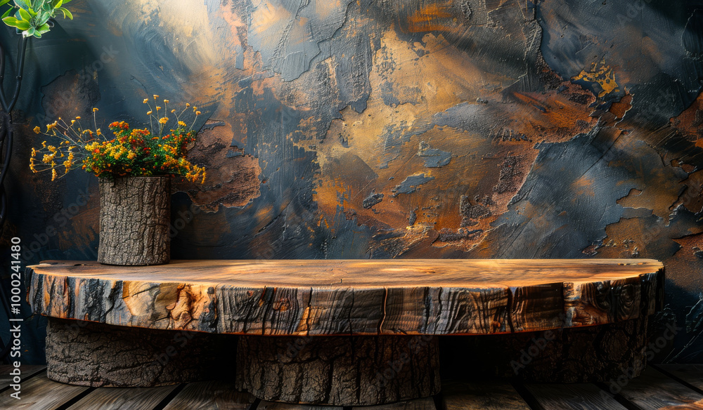 Poster a wooden bench with a vase of flowers on it. the bench is made of wood and has a rustic look to it. 