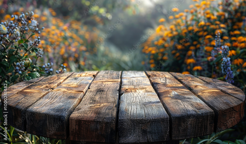 Poster a wooden table with a view of a field of flowers. the table is round and has a rustic appearance. th