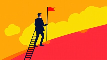 Fototapeta premium Career success concept - businessman climbing ladder towards goals and achievements