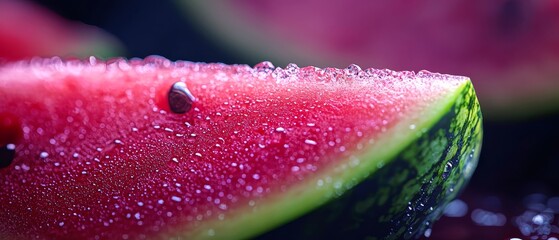  A tight shot of a watermelon slice, featuring droplets of water at its edges