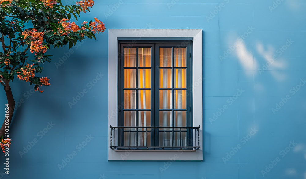 Poster a window with a white curtain and a black frame. the window is open and the curtain is drawn. the wi