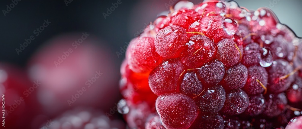 Poster  A tight shot of a raspberry with dewdrops on its surface against a black backdrop