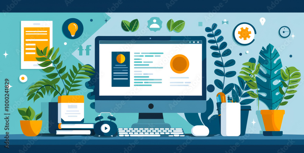 Poster a computer monitor sits on a desk with a green plant next to it. the desk is cluttered with various 