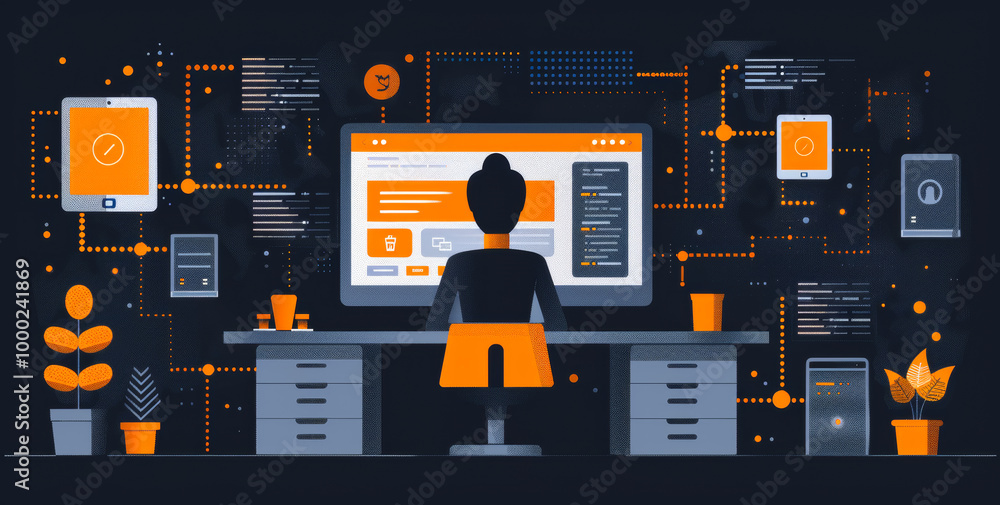 Aufkleber a man is sitting at a desk with a computer monitor and a keyboard. the computer monitor is displayin