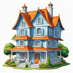 Fototapeta premium A charming blue house with orange roofs and lush gardens.